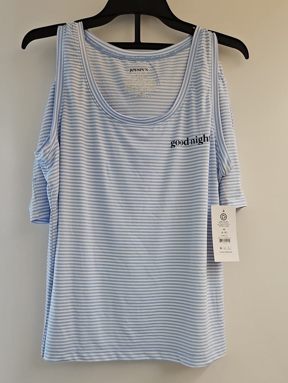 NWT Joyspun Womens M 8-10 Pajama Set Blue Lark Stripe Cold Shoulder Good Night